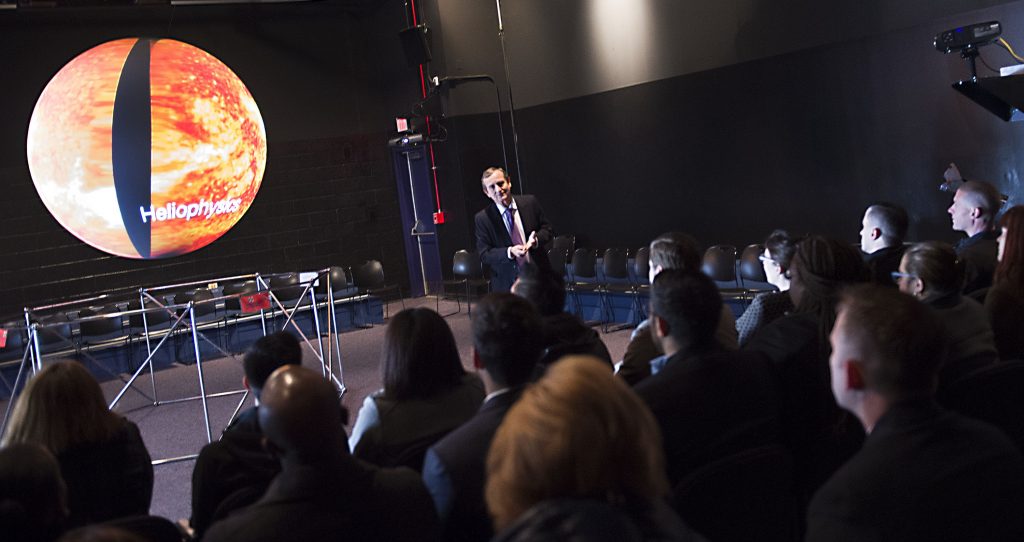 CXO Fellows from around the Federal Government visited Goddard on April 5, 2016. They were briefed on Science on a Sphere at VC, Testing & Integration Facility B7, James Webb Space Telescope by Dr. Mather, Heliophysics at Hyperwall B28, and LRO/GPM Control Center in B32.